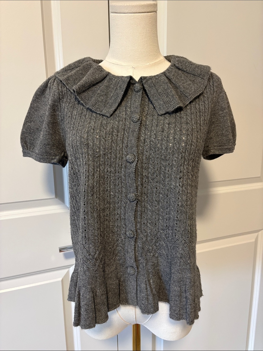 Juicy Couture Gray Short-Sleeve Knit Cardigan with Pleated Collar